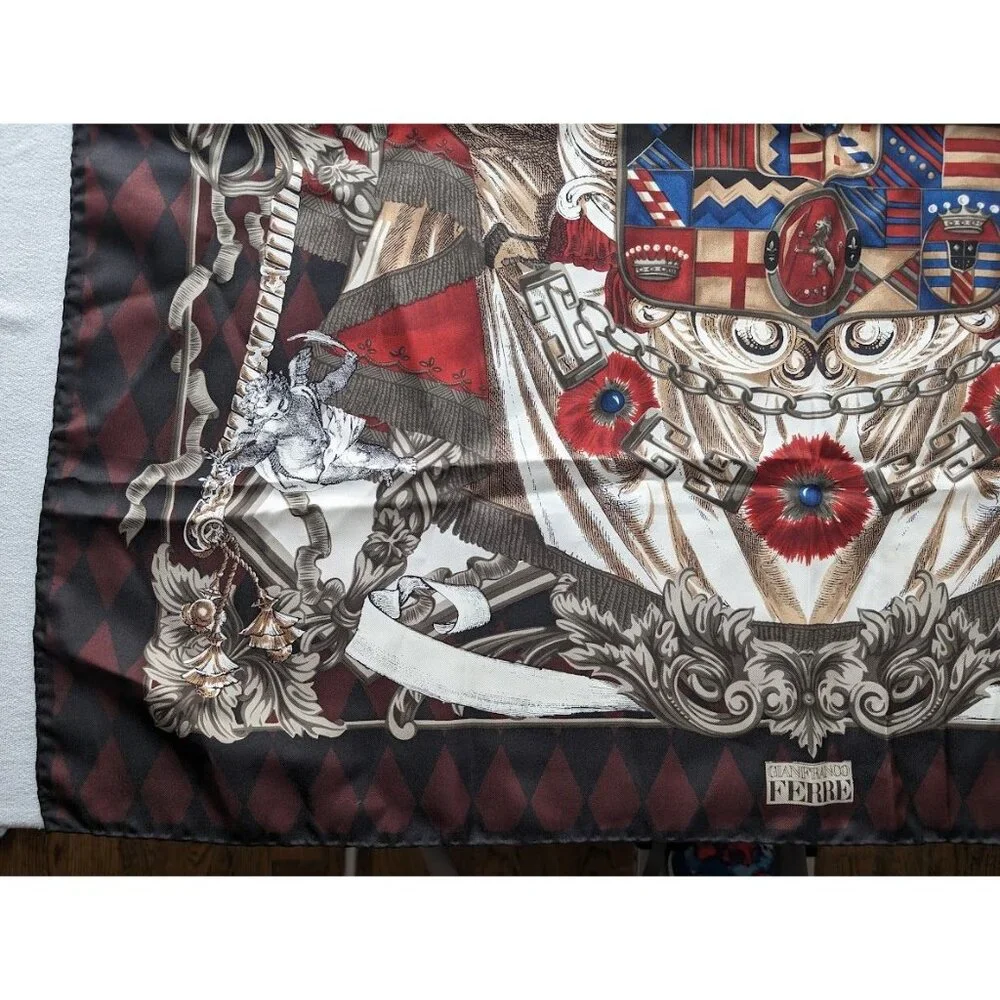 Gianfranco Ferre Coat of Arms 34x34 100% Silk Twill Scarf Designer Made in Italy